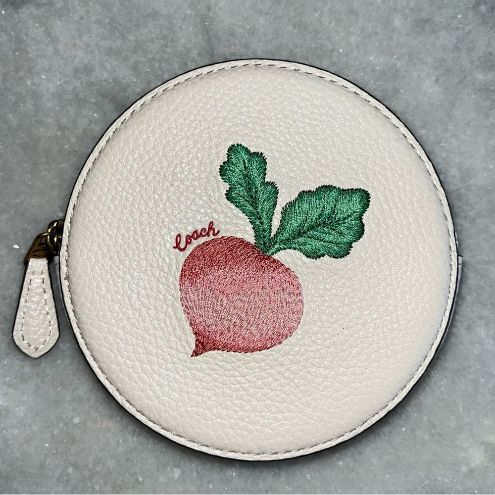 Coach Cream Radish Embroidered Motif Round Leather Coin Purse